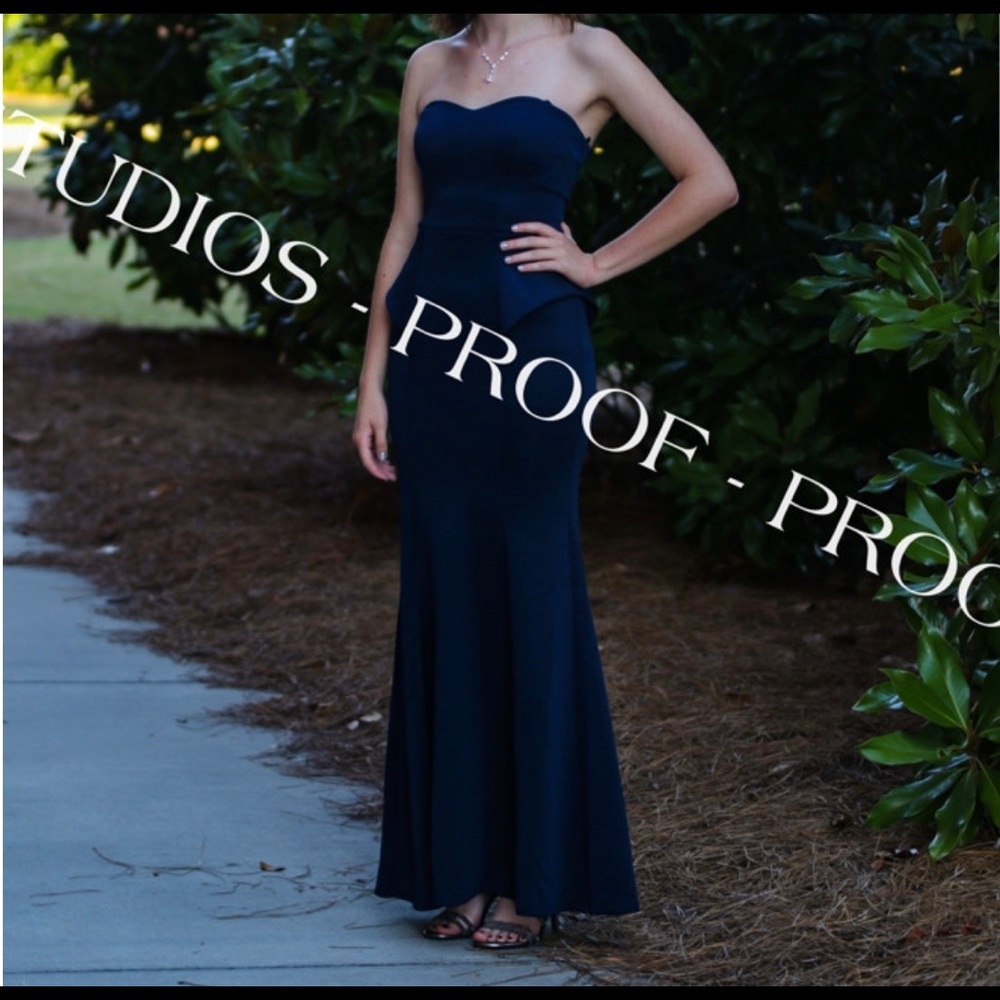 Long Navy Blue Strapless Prom Dress